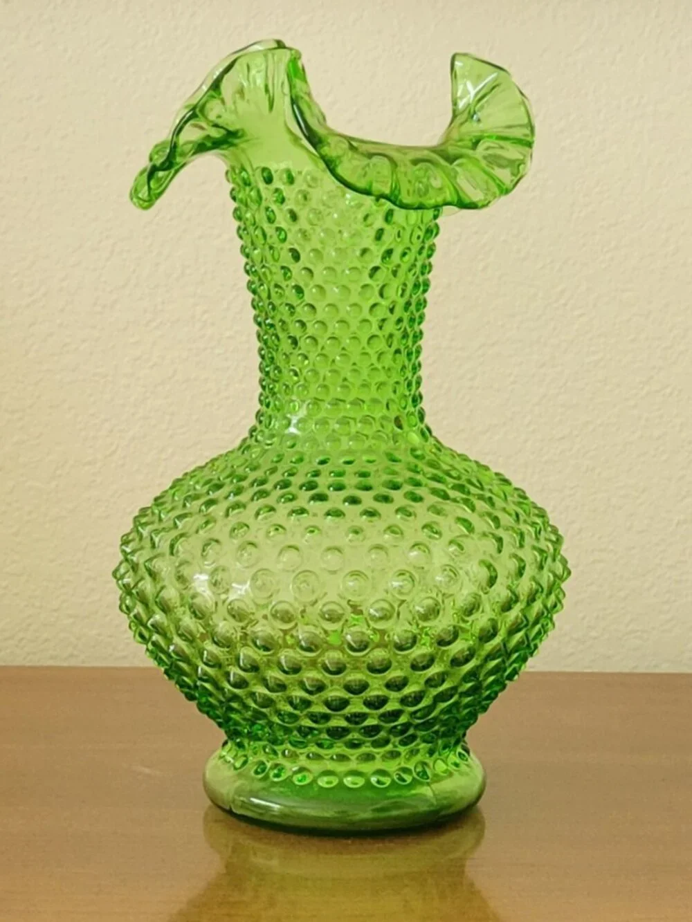 Vintage Fenton Green Hobnail Ruffled Vase 11” Art Glass Signed USA